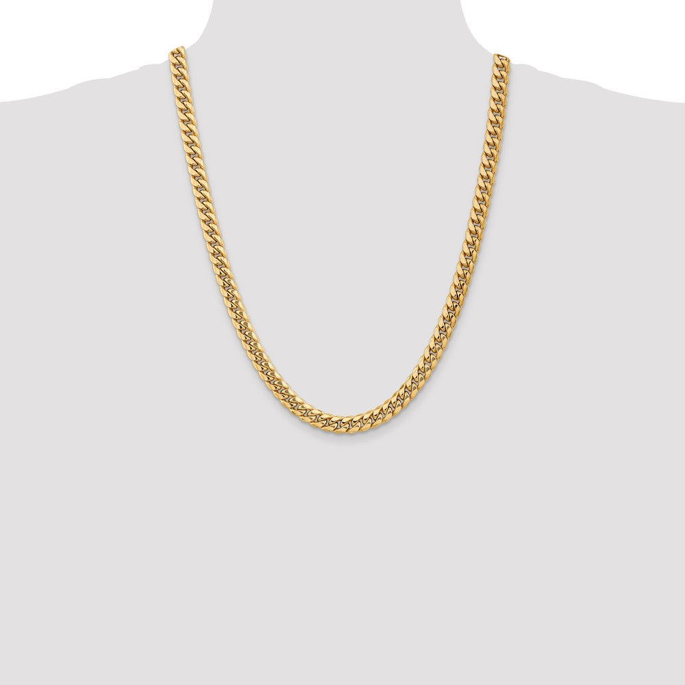 14K Yellow Gold 24 Inch 7.3mm Semi-Solid Miami Cuban With Lobster Clasp Chain Necklace