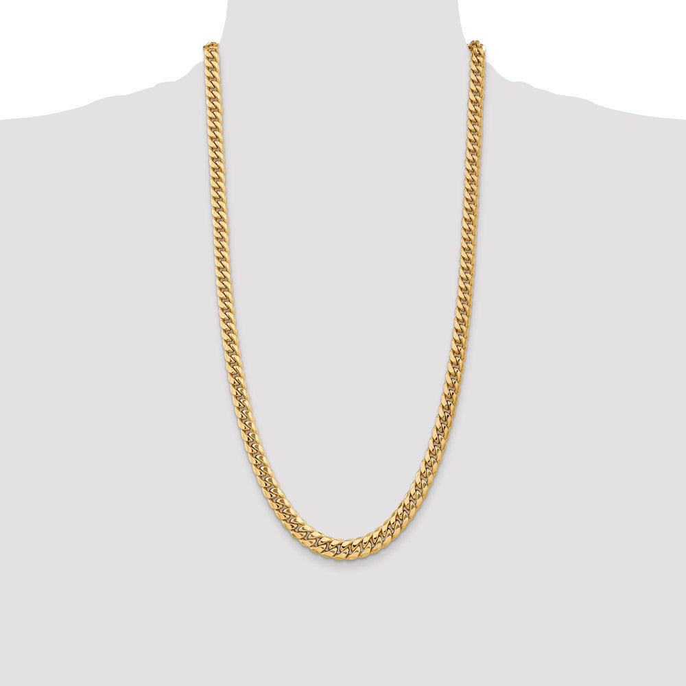 14K Yellow Gold 28 Inch 7.3mm Semi-Solid Miami Cuban With Lobster Clasp Chain Necklace