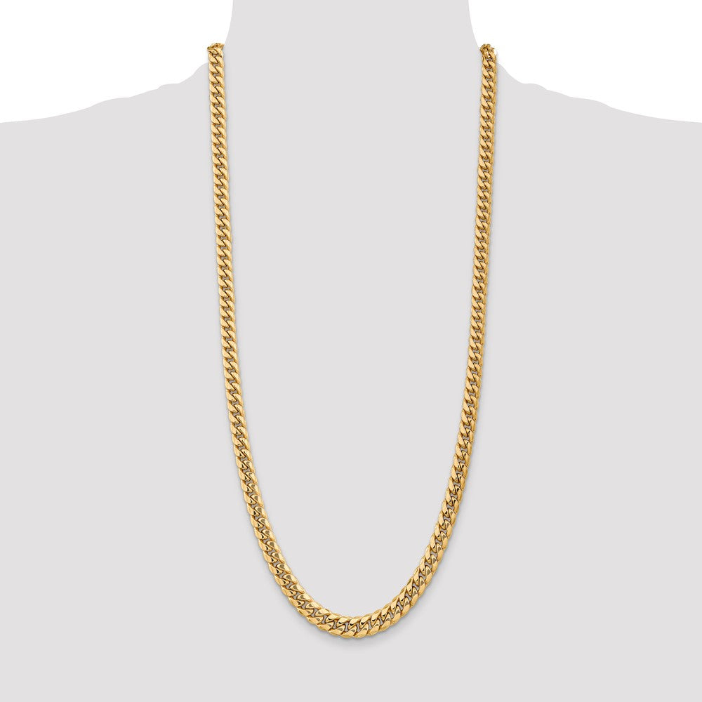 14K Yellow Gold 30 Inch 7.3mm Semi-Solid Miami Cuban With Lobster Clasp Chain Necklace
