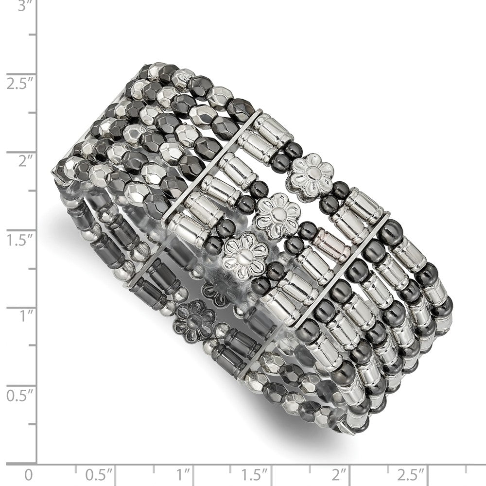 Fashion 1928 Jewelry Silver-Tone & Black-Plated Acrylic Beads Two-Tone Foral Stretch Bracelet