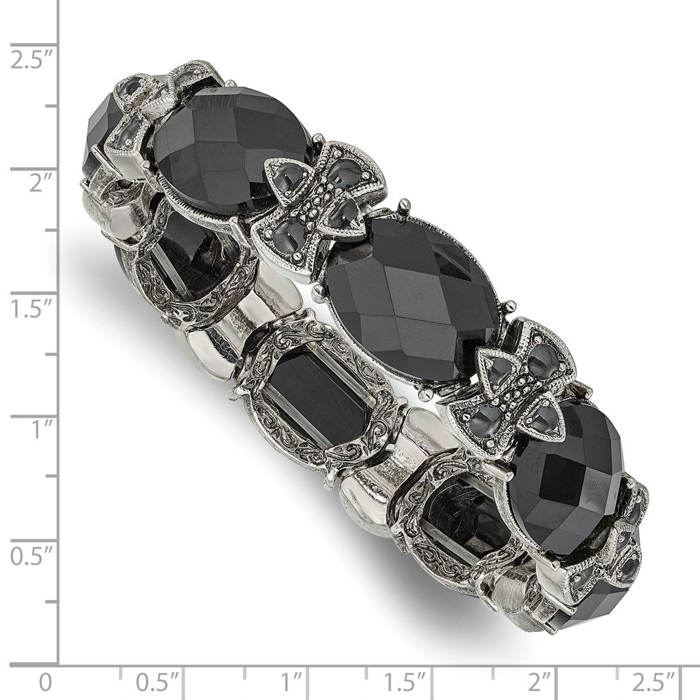 Fashion 1928 Jewelry Silver-Tone Frame Black Enamel And Faceted Crystal Stretch Bracelet