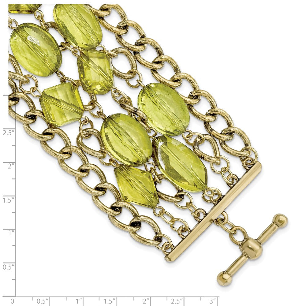 Fashion 1928 Jewelry Brass-Tone Link And Olive Green Faceted Acrylic Beads Wide Six Row 8 Inch Toggle Bracelet