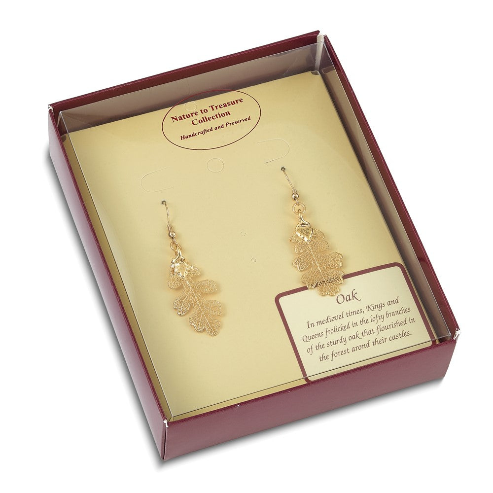Fashion 24K Gold Dipped Real Oak Leaf Gold-Tone Shepherd Hook Dangle Earrings