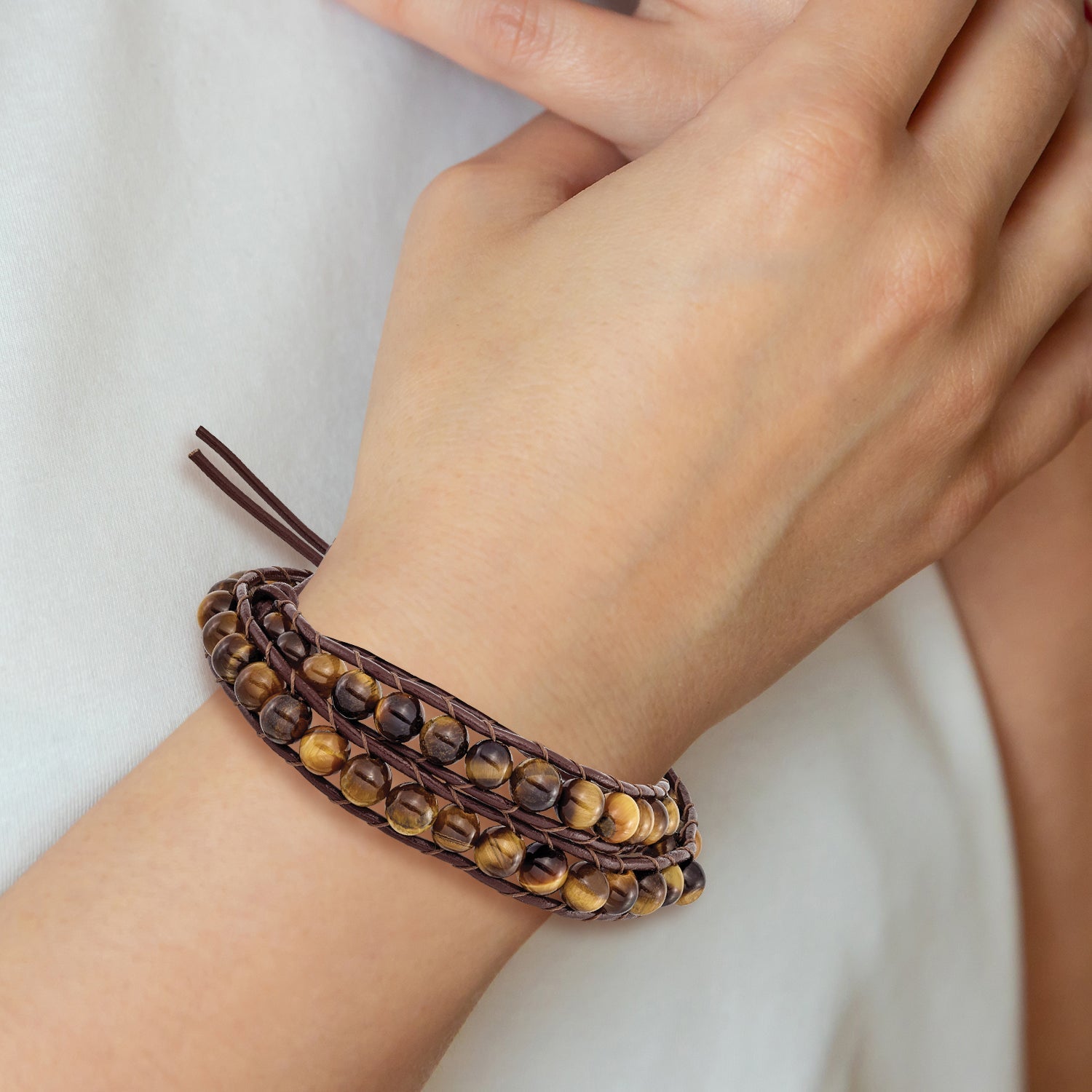 14 Inch 6mm Brown Beads And Leather Cord Multi Wrap Bracelet