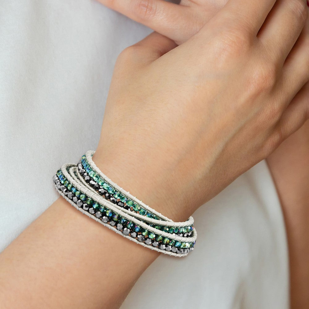 21 Inch Green Aurora Borealis/Grey Crystal Bead Leather Multi-Wrap Bracelet