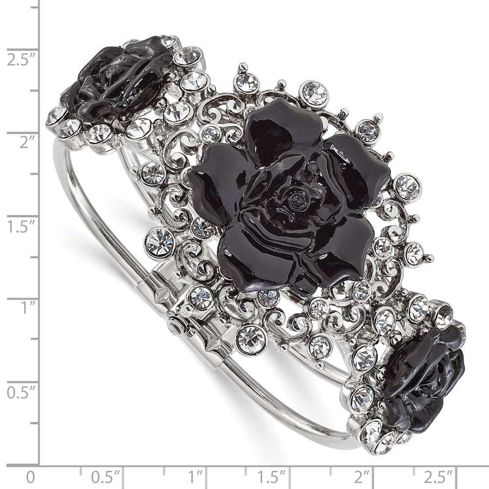 Fashion 1928 Silver-Tone Black Flowers & Clear Crystal Hinged Bracelet