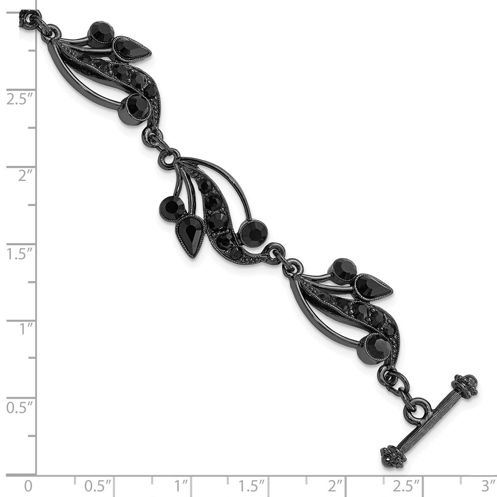 Fashion 1928 Jewelry Black-Plated Link Jet Black Crystals In Teardrop And Circle Shapes Vintage Style Filigree Vine Motif 7.5 Inch Toggle Bracelet