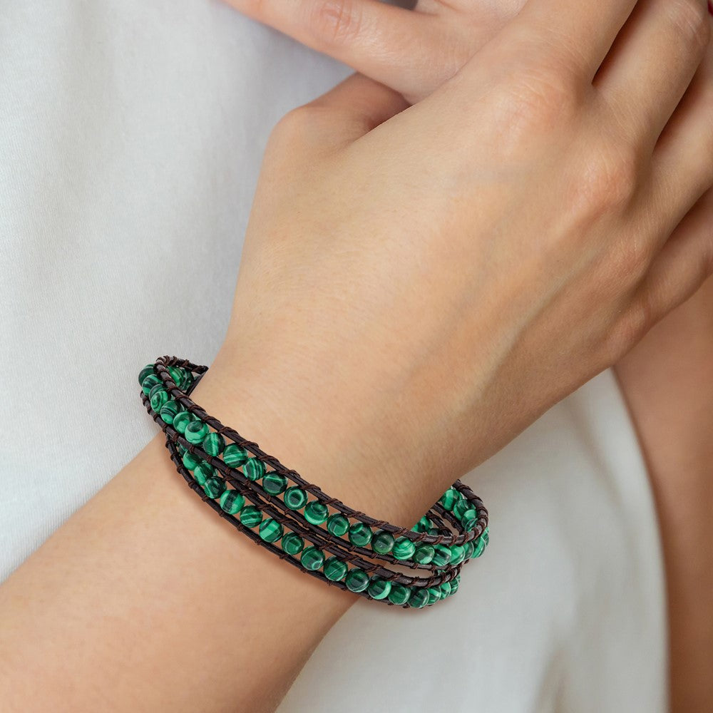 13 Inch 6mm Green Malachite Beads Leather Cord Multi Wrap Bracelet