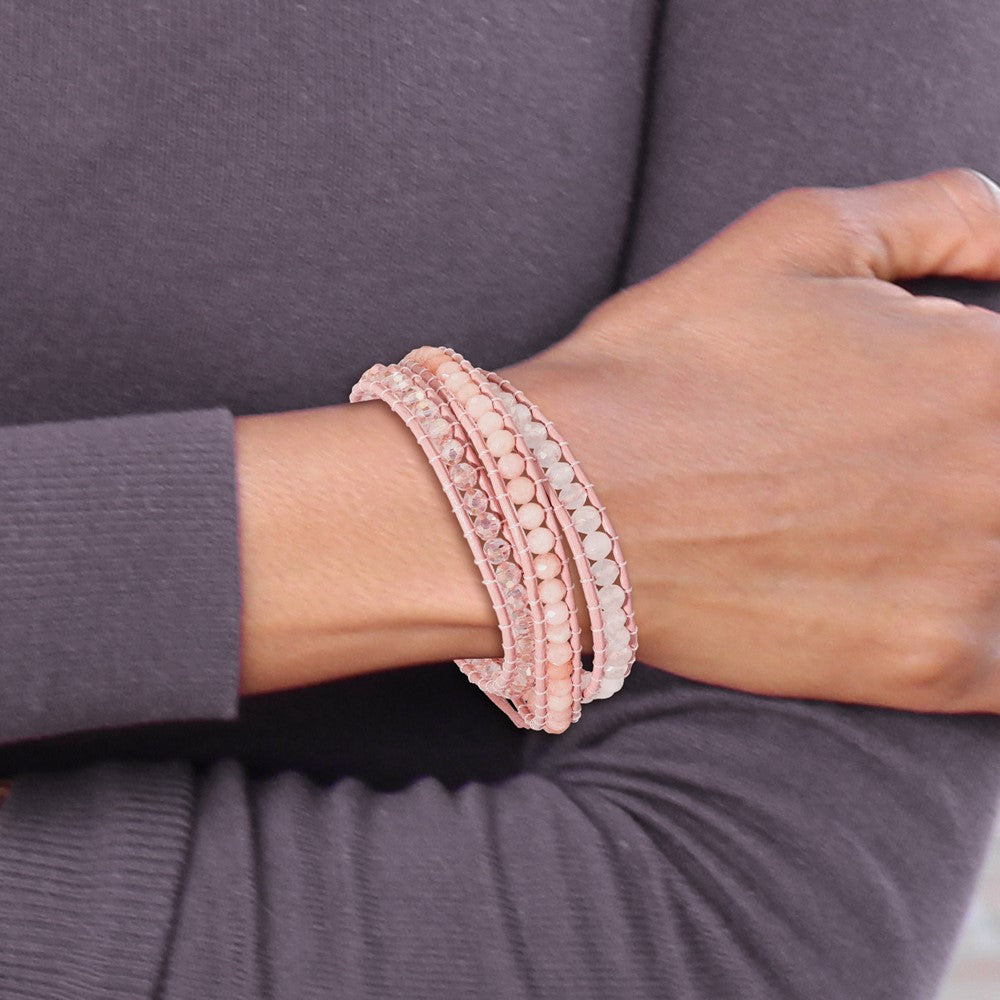 20 Inch Leather Rose/Pink Quartz Crystal Multi Wrap/ Button Bracelet