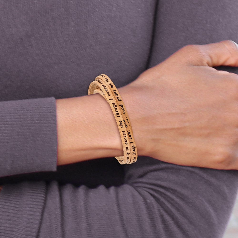 AMEN Stainless Steel Serenity Prayer Tan Leather Wrap with Magnetic Clasp 23.5 Inch Bracelet