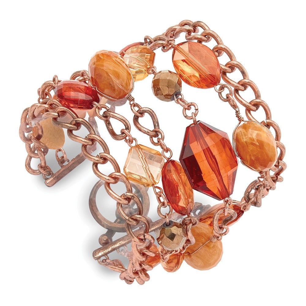 7.25 Inch 1928 Jewelry Copper-Tone Link And Multicolored Brownand Orange Faceted Acrylic Beads Wide Six Row 8 Toggle Bracelet