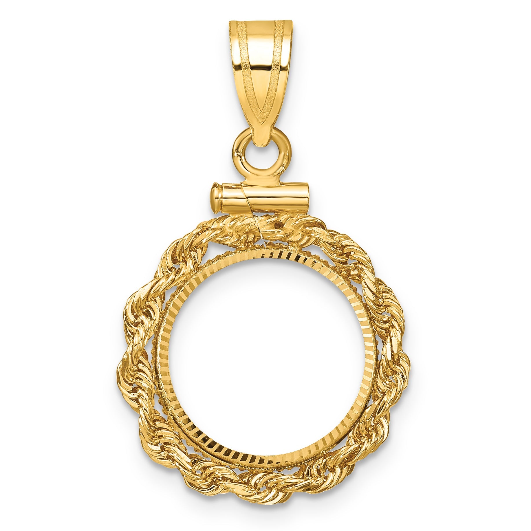 10K Yellow Gold Wideband Distinguished Coin Jewelry Polished Rope And Diamond-Cut 13.0mm X 1.1mm Screw Top Bezel Pendant