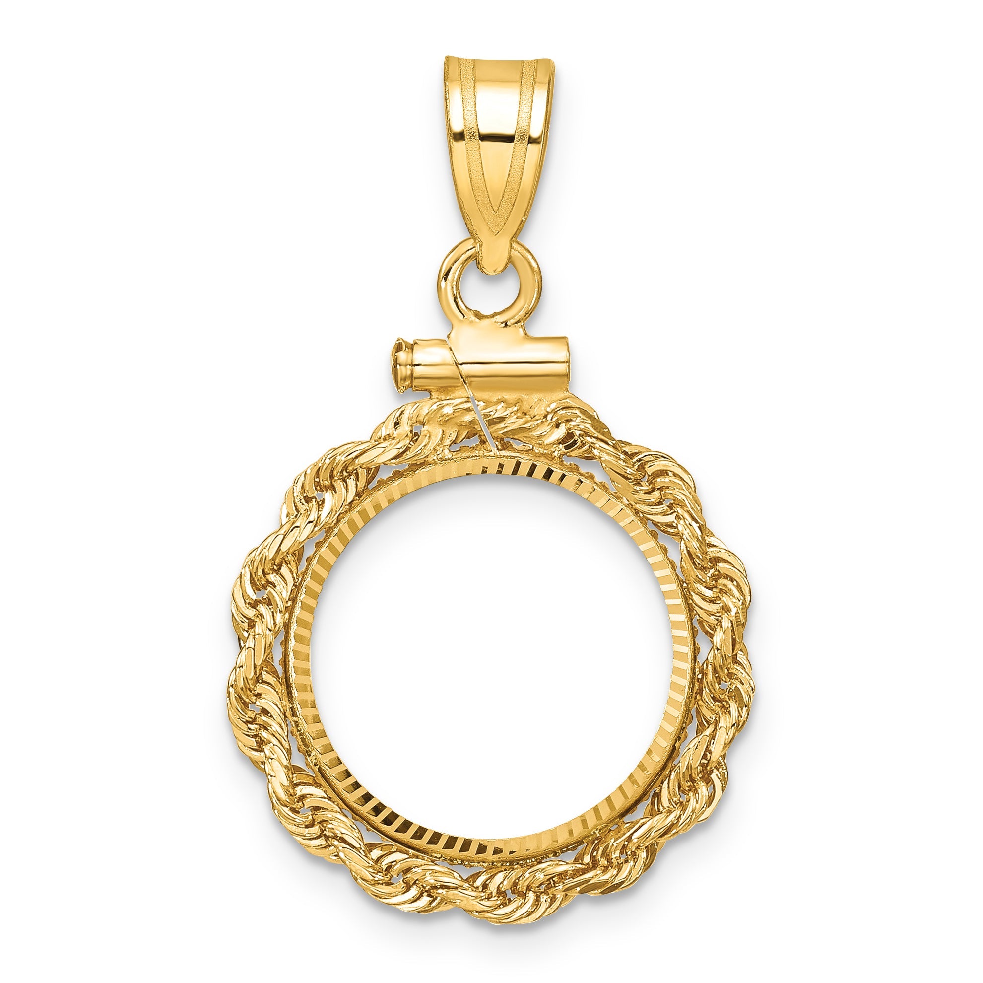 10K Yellow Gold Wideband Distinguished Coin Jewelry Polished Rope And Diamond-Cut 14.0mm X 1.1mm Screw Top Bezel Pendant