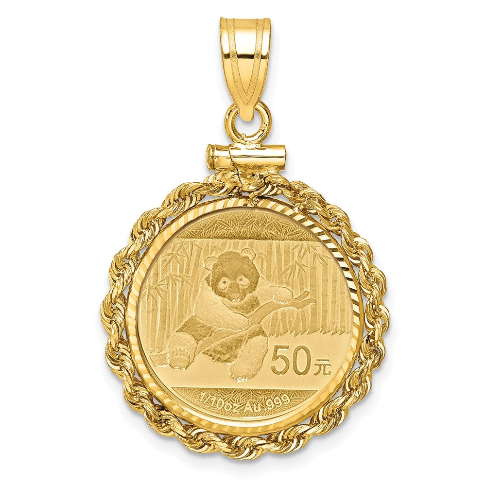 10K Yellow Gold Wideband Distinguished Coin Jewelry Polished Rope And Diamond-Cut Mounted 1/10Oz Panda Screw Top Bezel Pendant