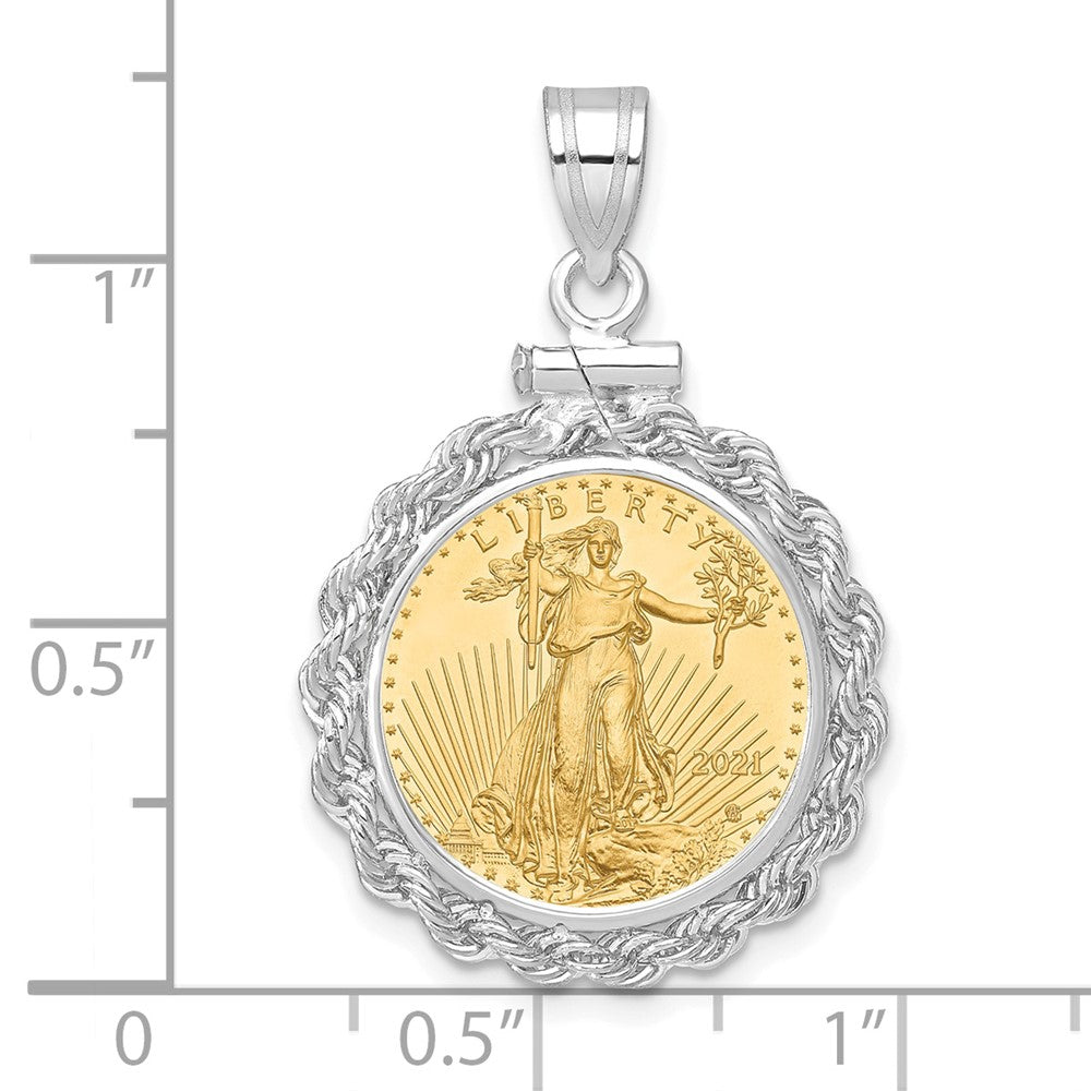 14K White Gold Wideband Distinguished Coin Jewelry Polished Rope Mounted 1/10Oz American Eagle Screw Top Bezel Pendant