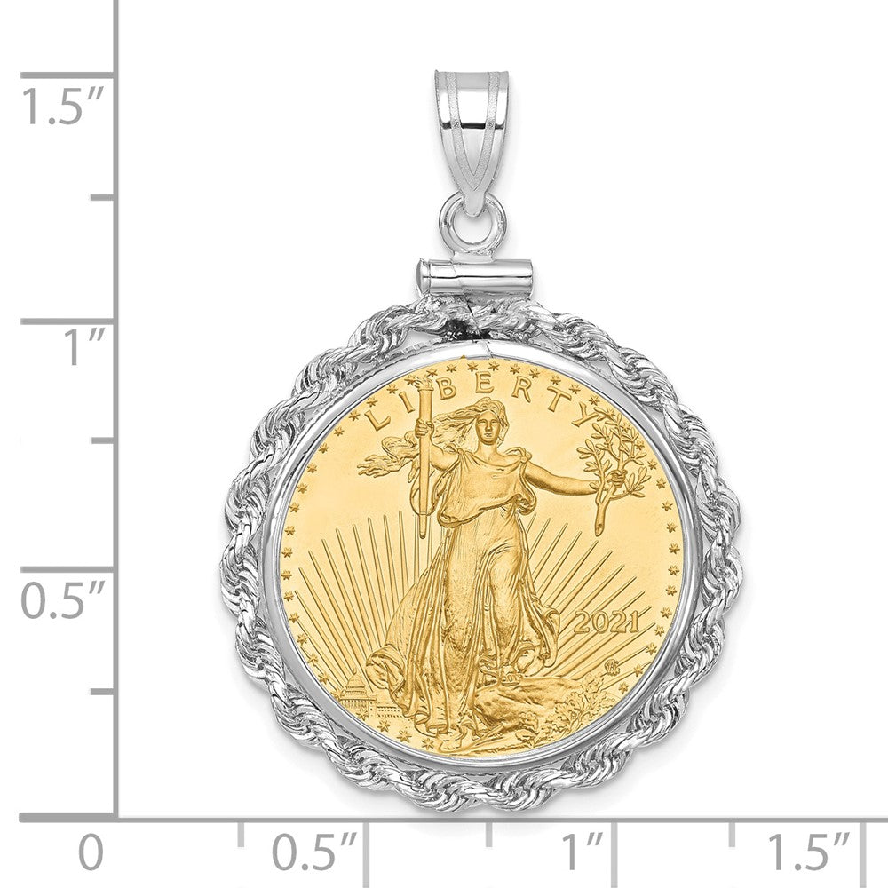 14K White Gold Wideband Distinguished Coin Jewelry Polished Rope Mounted 1/4Oz American Eagle Screw Top Bezel Pendant