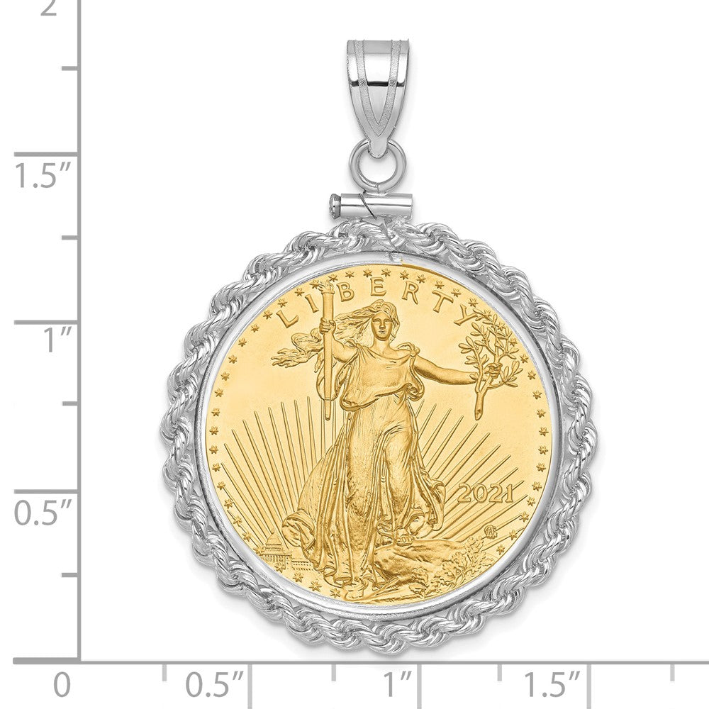 14K White Gold Wideband Distinguished Coin Jewelry Polished Rope Mounted 1/2Oz American Eagle Screw Top Bezel Pendant