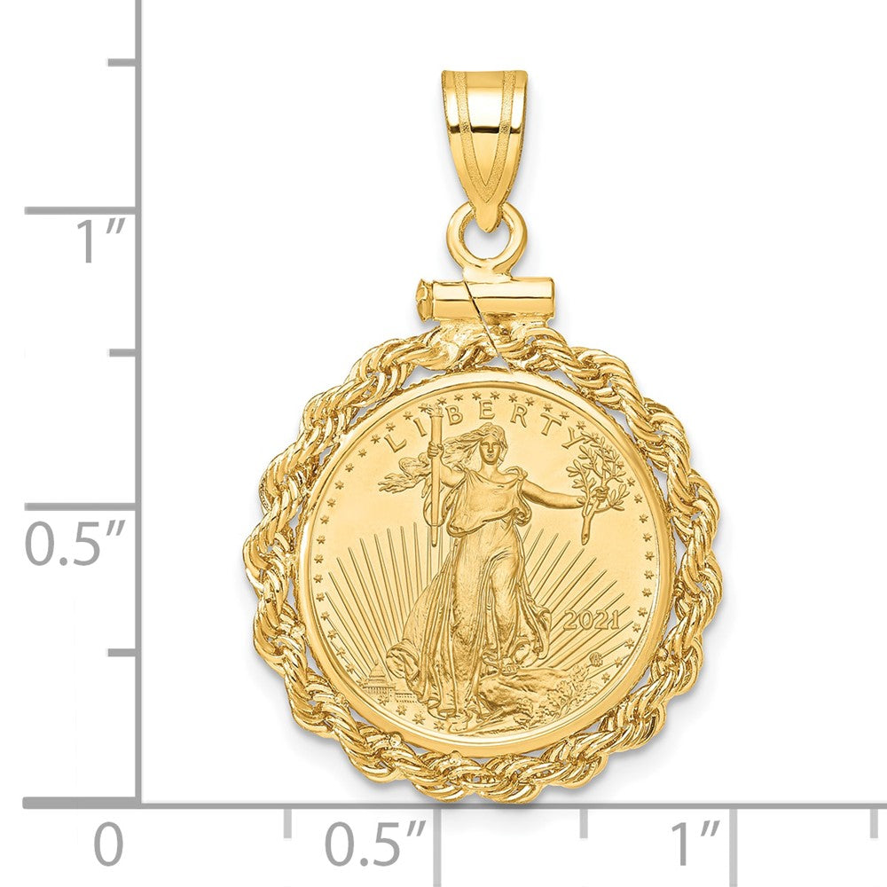 14K Yellow Gold Wideband Distinguished Coin Jewelry Polished Rope Mounted 1/10Oz American Eagle Screw Top Bezel Pendant