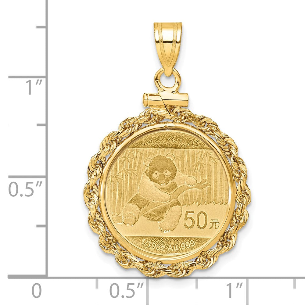 14K Yellow Gold Wideband Distinguished Coin Jewelry Polished Rope Mounted 1/10Oz Panda Screw Top Bezel Pendant