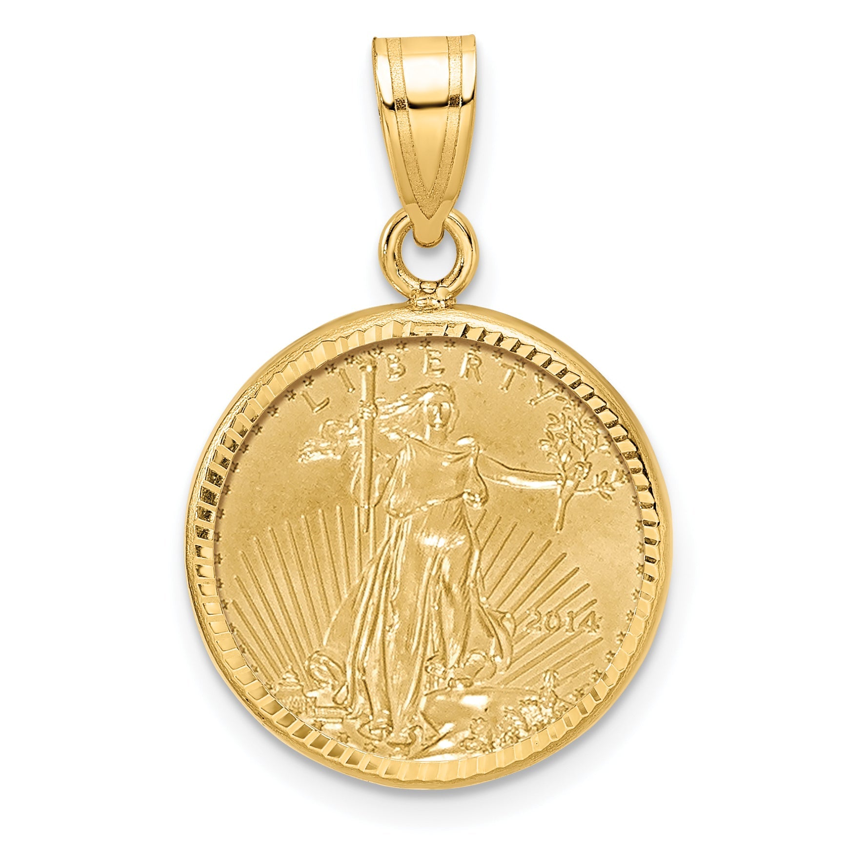 10K Yellow Gold Wideband Distinguished Coin Jewelry Polished And Diamond-Cut Mounted 1/10Oz American Eagle Prong Bezel Pendant