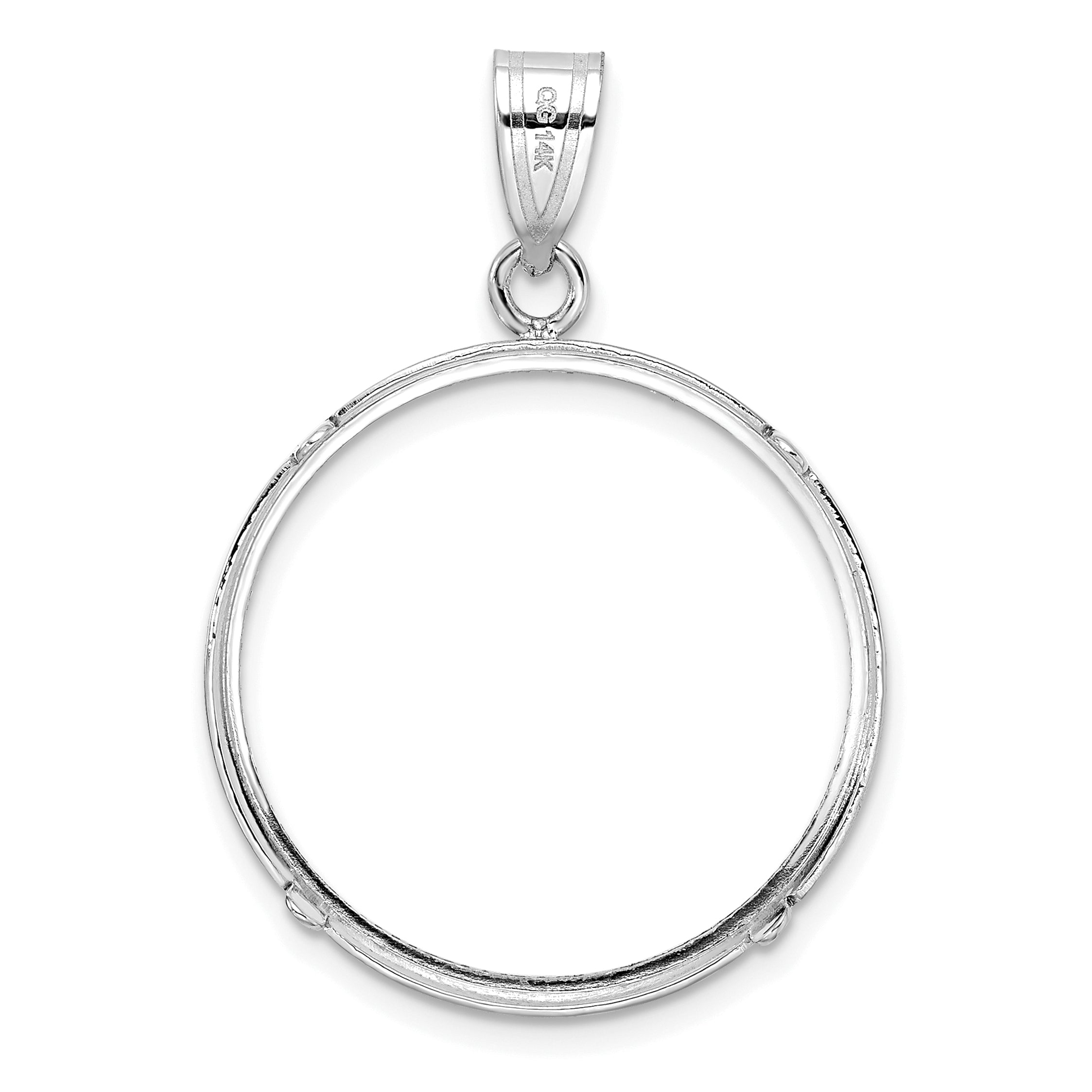 14K White Gold Wideband Distinguished Coin Jewelry Polished And Diamond-Cut 22.0mm Prong Bezel Pendant