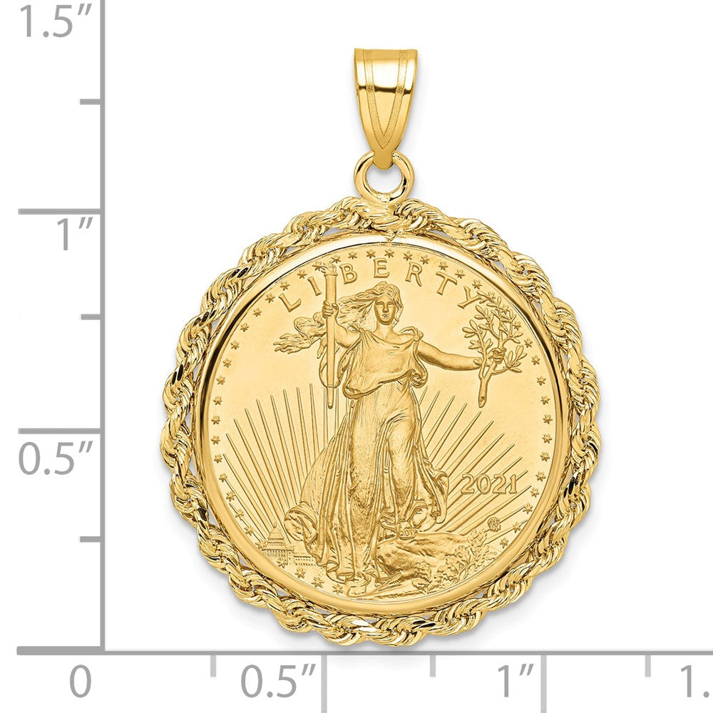 14K Yellow Gold Wideband Distinguished Coin Jewelry Polished Rope Mounted 1/4Oz American Eagle Prong Bezel Pendant