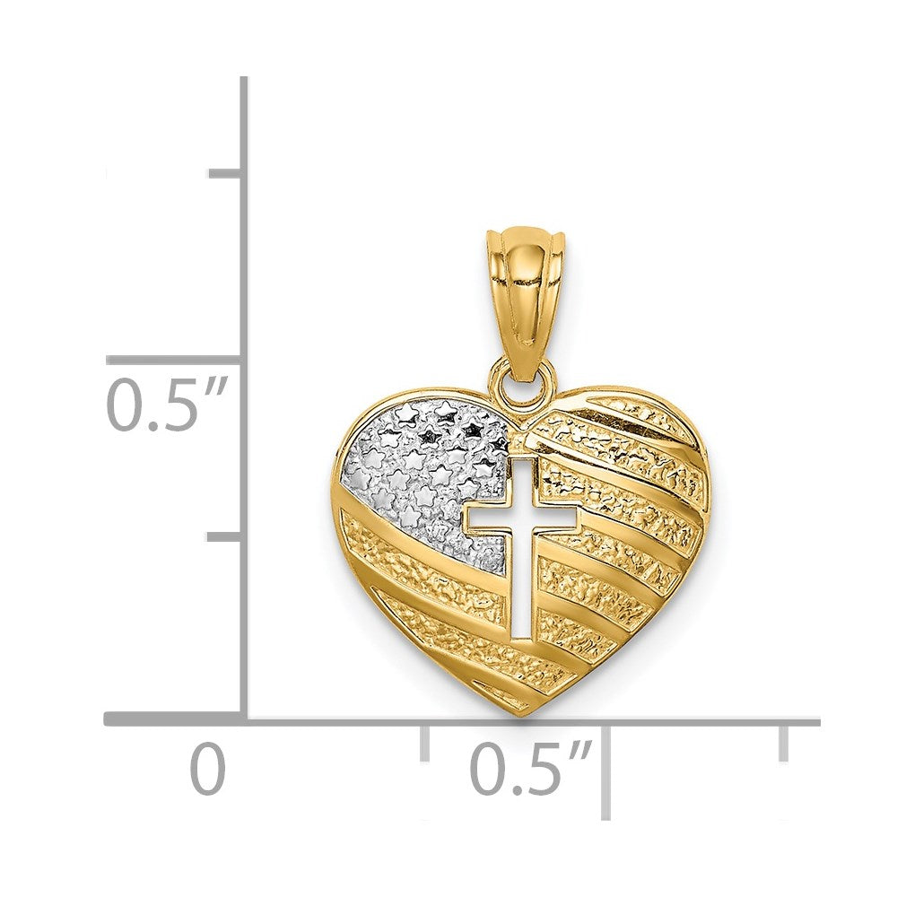 14K Yellow & Rhodium W/Rhodium Us Flag With Cross Heart Pendant