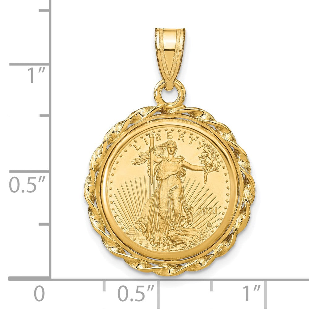 14K Yellow Gold Wideband Distinguished Coin Jewelry Polished Wide Twisted Wire Mounted 1/10Oz American Eagle Prong Bezel Pendant