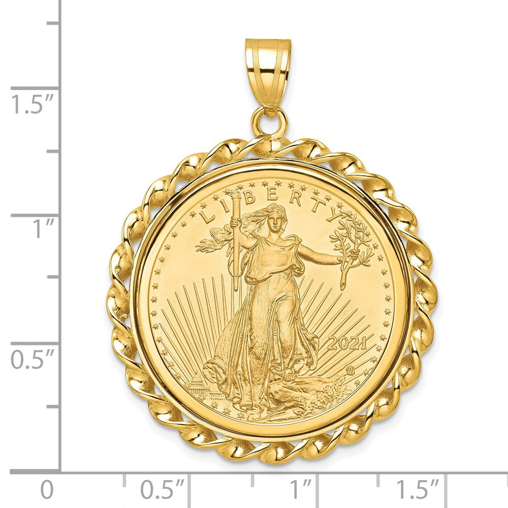 14K Yellow Gold Wideband Distinguished Coin Jewelry Polished Wide Twisted Wire Mounted 1/2Oz American Eagle Prong Bezel Pendant