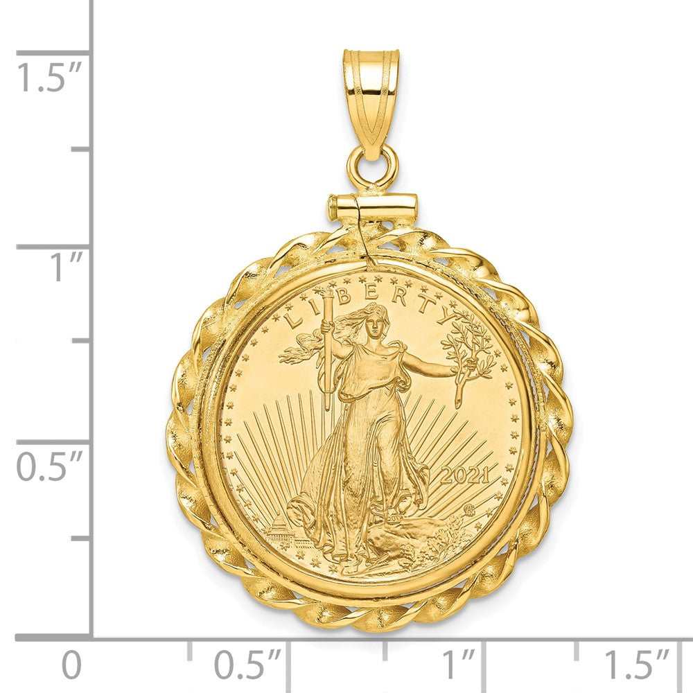 14K Yellow Gold Wideband Distinguished Coin Jewelry Polished Wide Twisted Wire Mounted 1/4Oz American Eagle Screw Top Bezel Pendant