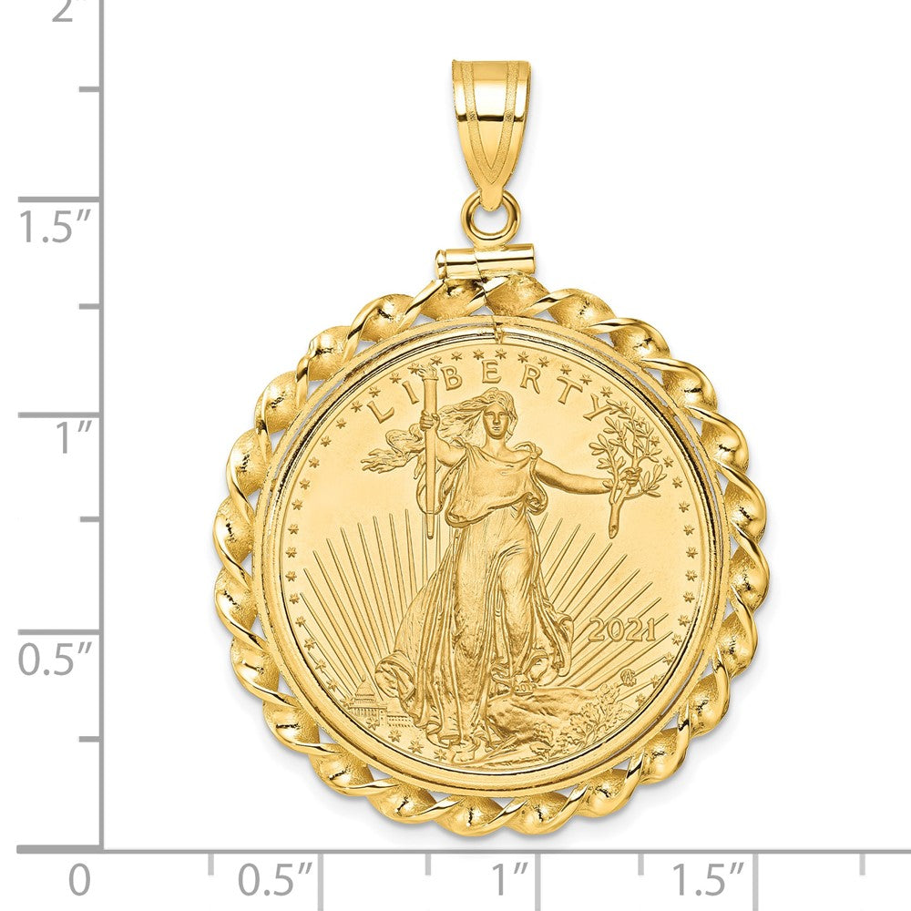 14K Yellow Gold Wideband Distinguished Coin Jewelry Polished Wide Twisted Wire Mounted 1/2Oz American Eagle Screw Top Bezel Pendant