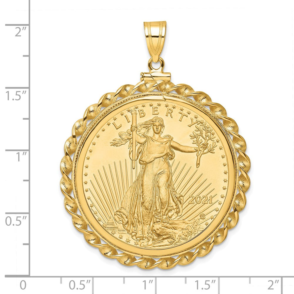 14K Yellow Gold Wideband Distinguished Coin Jewelry Polished Wide Twisted Wire Mounted 1Oz American Eagle Screw Top Bezel Pendant