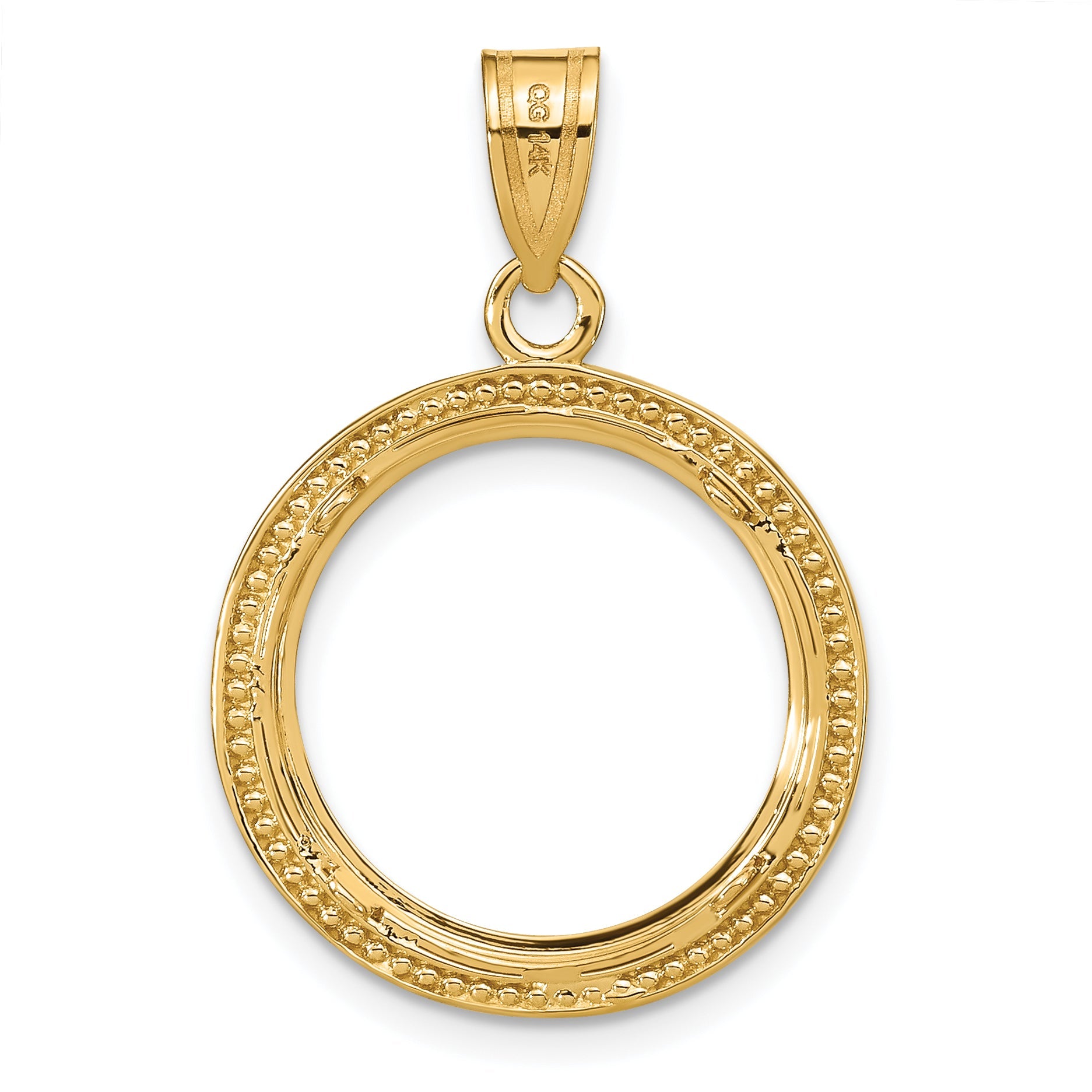 14K Yellow Gold Wideband Distinguished Coin Jewelry Polished Beaded And Diamond-Cut 16.5mm Prong Bezel Pendant
