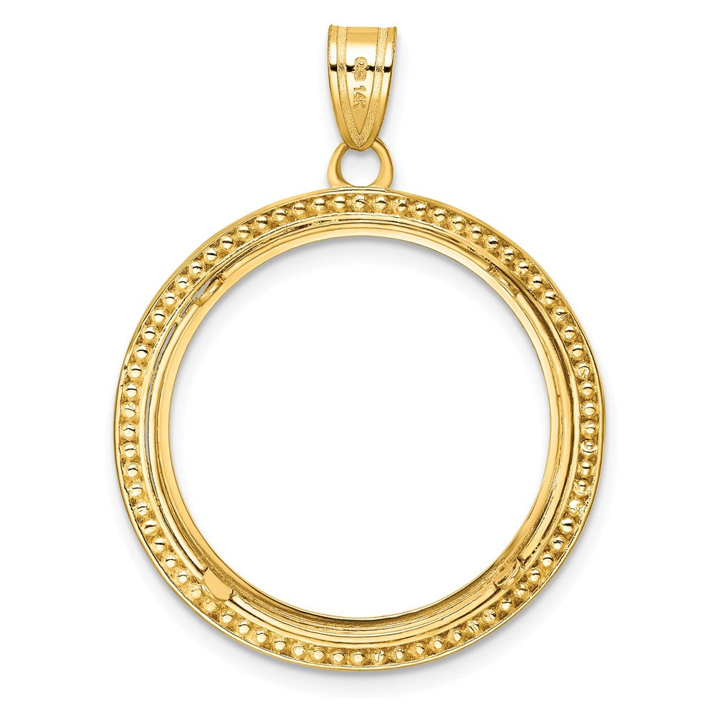 14K Yellow Gold Wideband Distinguished Coin Jewelry Polished Beaded And Diamond-Cut 22.0mm Prong Bezel Pendant