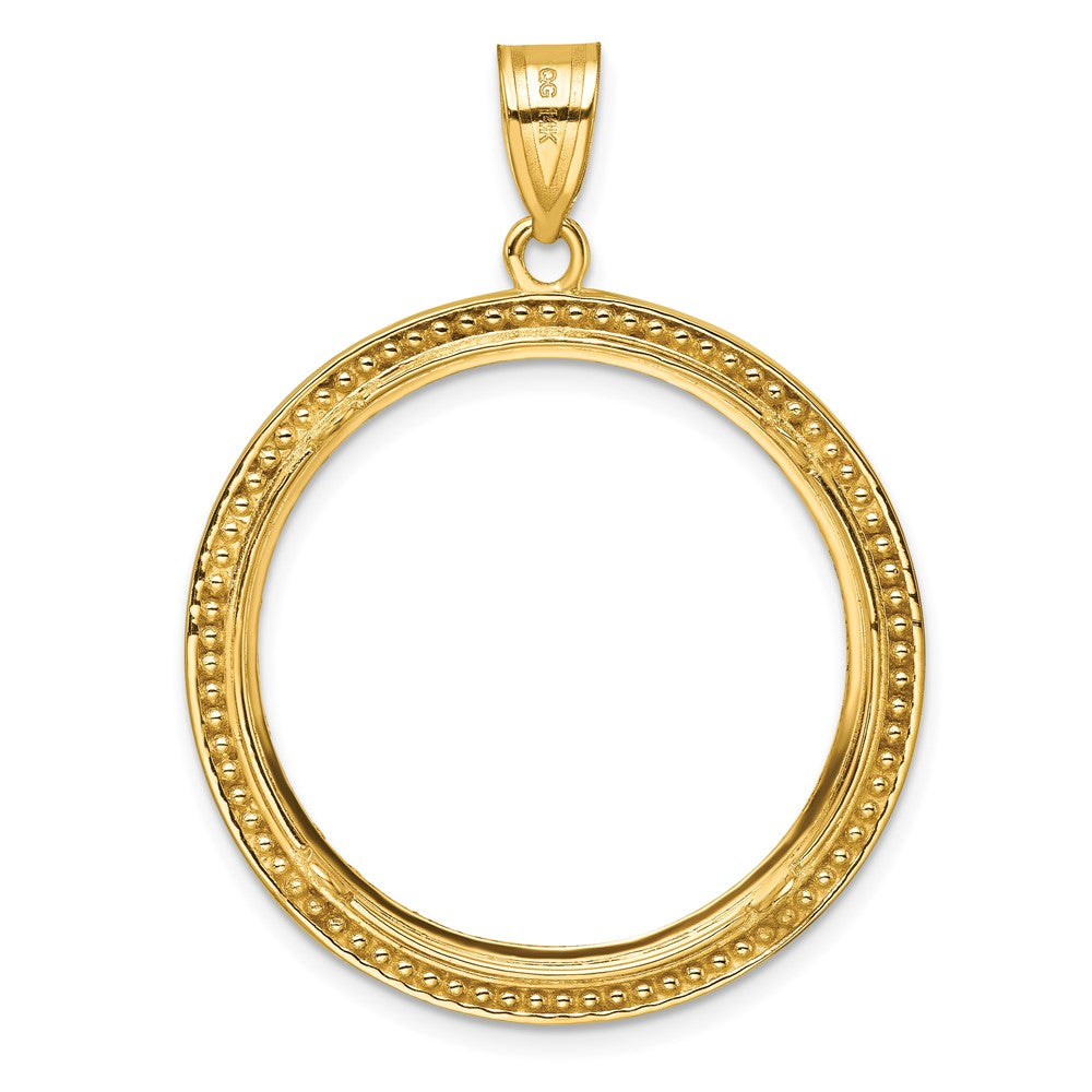 14K Yellow Gold Wideband Distinguished Coin Jewelry Polished Beaded And Diamond-Cut 27.0mm Prong Bezel Pendant