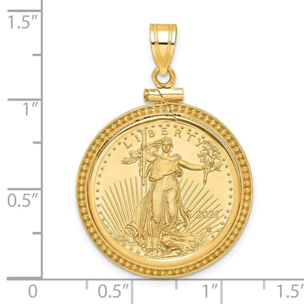 14K Yellow Gold Wideband Distinguished Coin Jewelry Polished And Beaded Mounted 1/4Oz American Eagle Screw Top Bezel Pendant