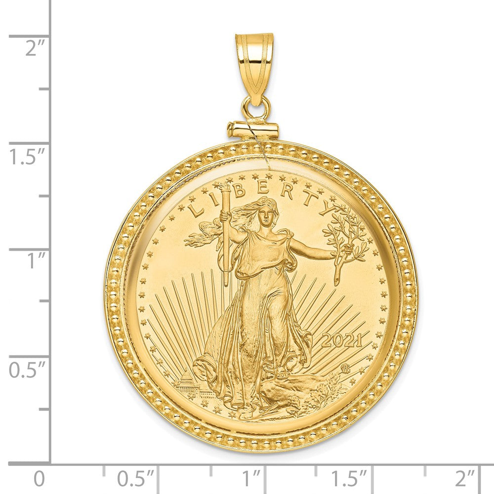 14K Yellow Gold Wideband Distinguished Coin Jewelry Polished And Beaded Mounted 1Oz American Eagle Screw Top Bezel Pendant