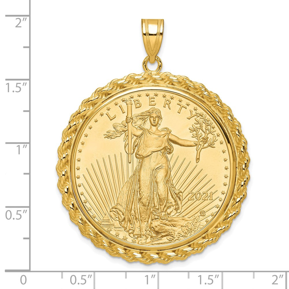 14K Yellow Gold Wideband Distinguished Coin Jewelry Polished With Casted Rope Mounted 1Oz American Eagle Prong Bezel Pendant