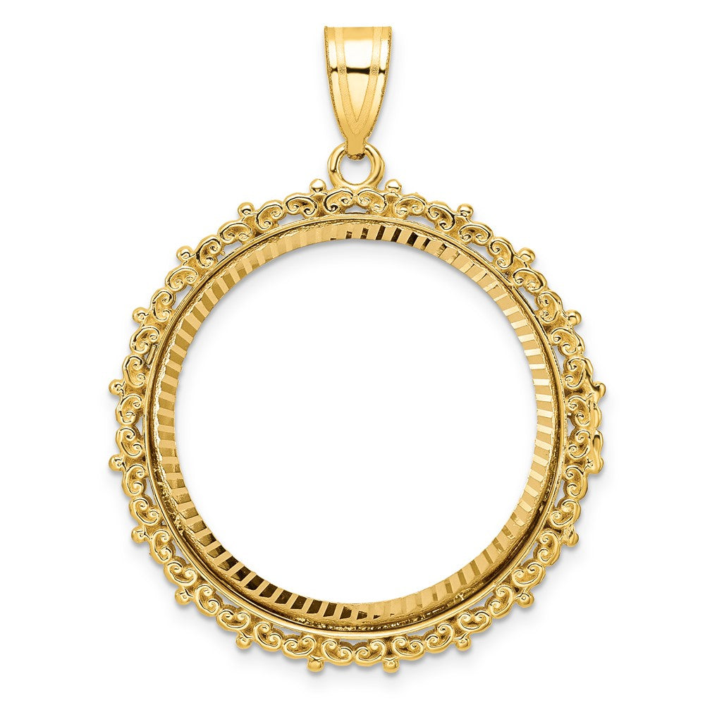 14K Yellow Gold Wideband Distinguished Coin Jewelry Polished And Diamond-Cut Fancy 27.0mm Prong Bezel Pendant