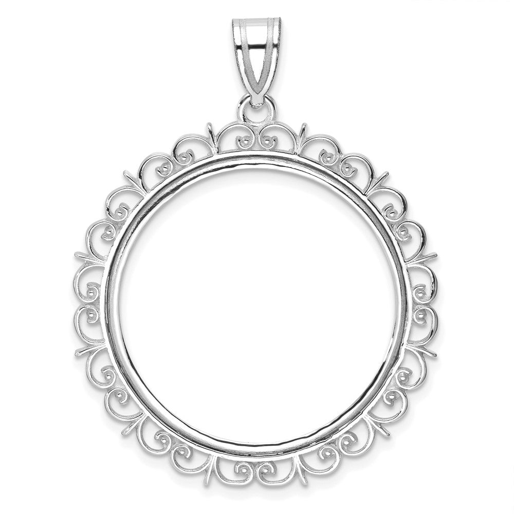 14K White Gold Wideband Distinguished Coin Jewelry Polished Fancy 27.0mm Prong Bezel Pendant