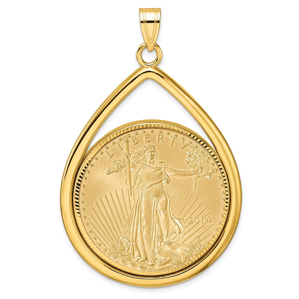 14K Yellow Gold Wideband Distinguished Coin Jewelry 14Ky Diamond-Cut Lightweight Tear Drop Prong Mounted 1Oz American Eagle Bezel Pendant