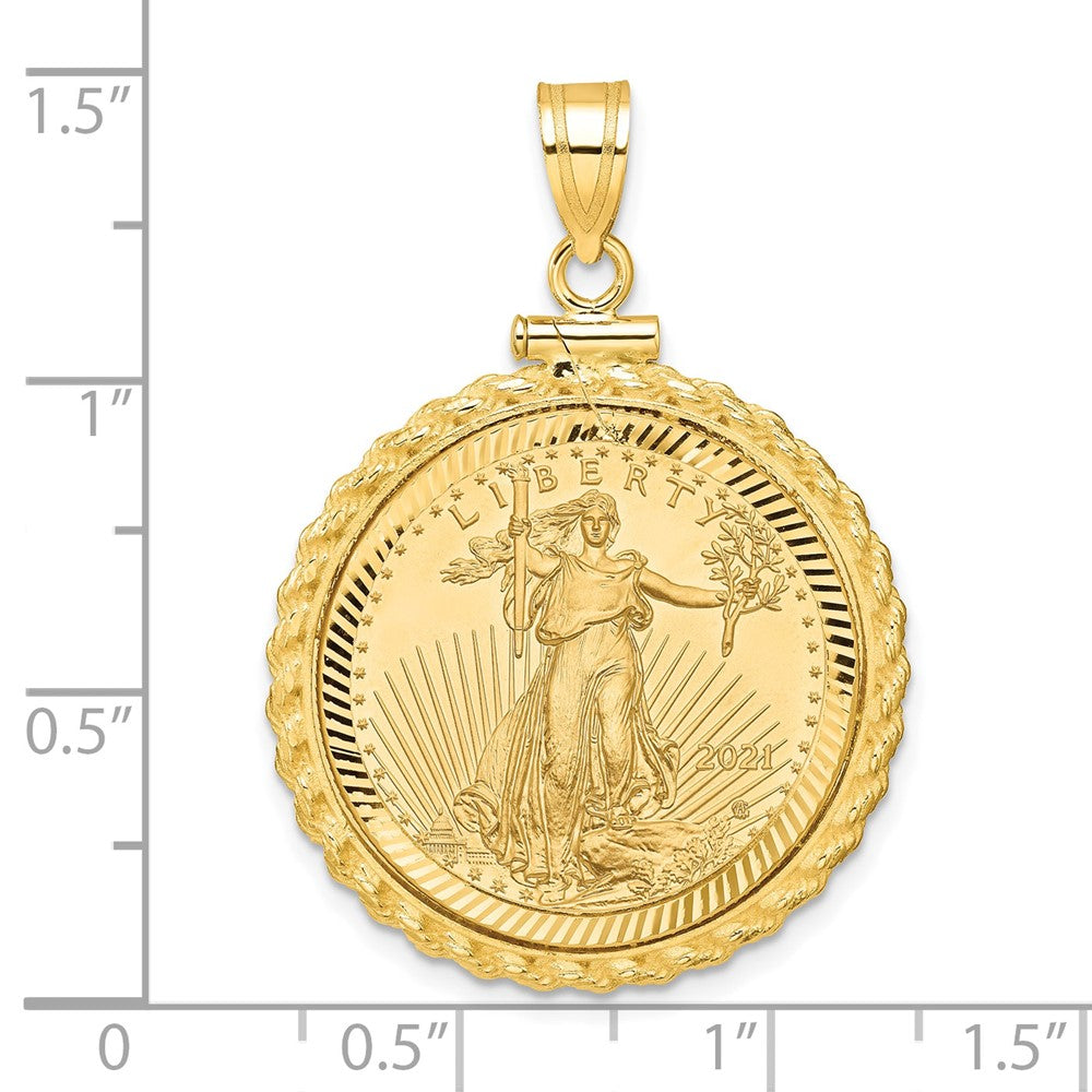 14K Yellow Gold Wideband Distinguished Coin Jewelry 14Ky Diamond-Cut Casted Rope Screw Top Mounted 1/4Oz American Eagle Bezel Pendant