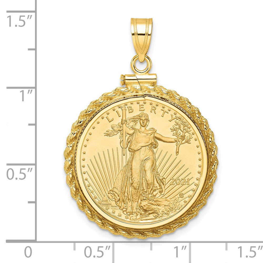 14K Yellow Gold Wideband Distinguished Coin Jewelry Polished Casted Rope Mounted 1/4Oz American Eagle Screw Top Bezel Pendant