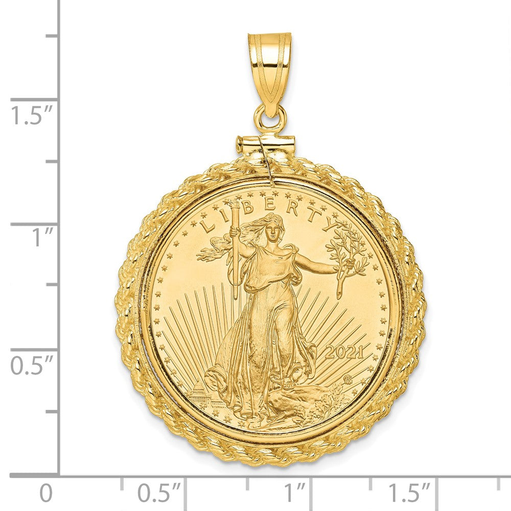 14K Yellow Gold Wideband Distinguished Coin Jewelry Polished Casted Rope Mounted 1/2Oz American Eagle Screw Top Bezel Pendant