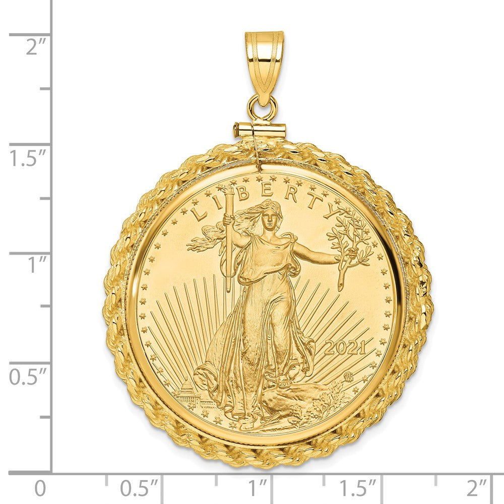 14K Yellow Gold Wideband Distinguished Coin Jewelry Polished Casted Rope Mounted 1Oz American Eagle Screw Top Bezel Pendant