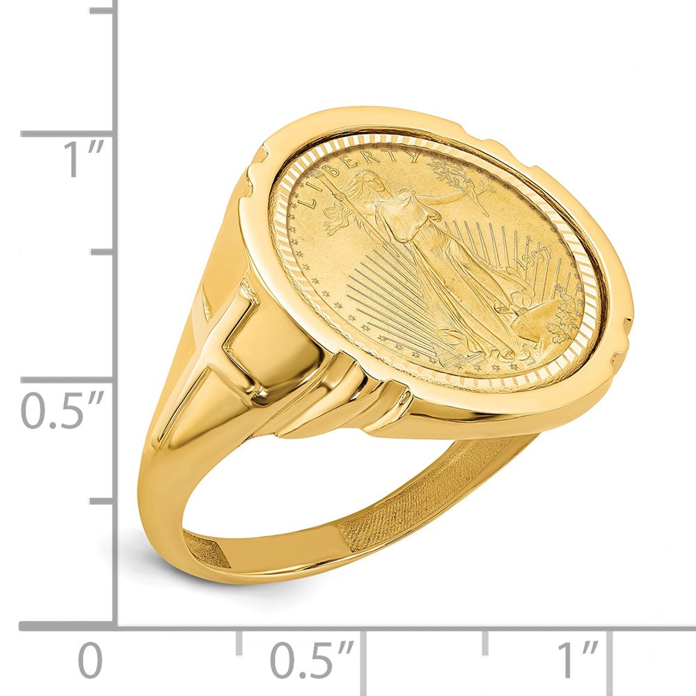 14K Yellow Gold Wideband Distinguished Coin Jewelry Men'S Polished And Diamond Cut With Cross Sides Mounted 1/10Oz American Eagle Bezel Ring