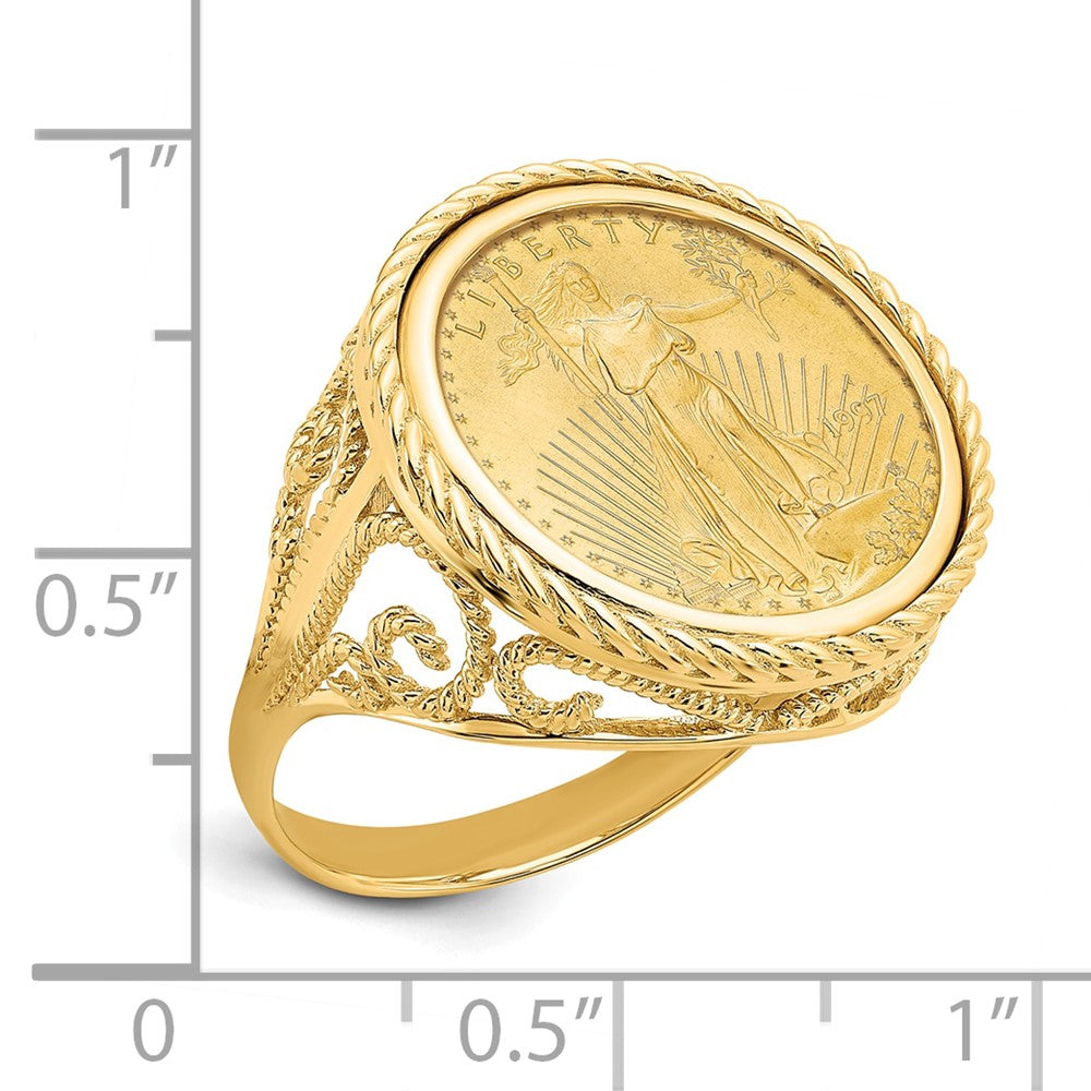 14K Yellow Gold Wideband Distinguished Coin Jewelry Ladies' Polished And Twisted Wire Scroll Design Mounted 1/10Oz American Eagle Bezel Ring