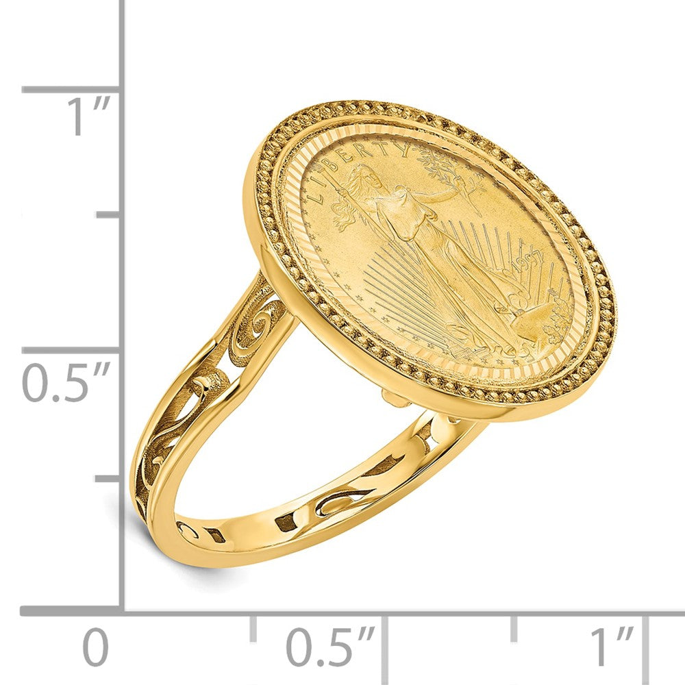 14K Yellow Gold Wideband Distinguished Coin Jewelry Ladies' Polished And Diamond Cut With Filigree Sides Beaded Top Mounted 1/10Oz American Eagle Bezel Ring