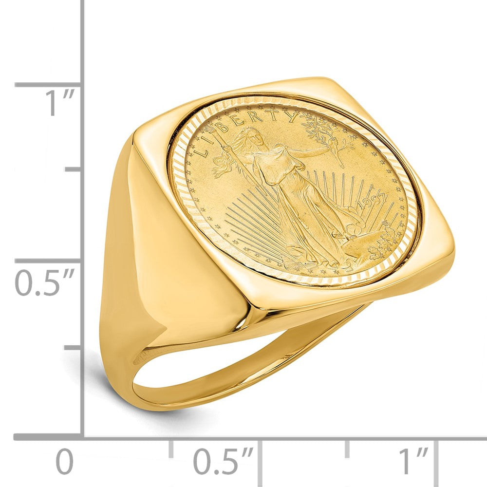 14K Yellow Gold Wideband Distinguished Coin Jewelry Men'S Polished And Diamond Cut Square Shaped Mounted 1/10Oz American Eagle Bezel Ring