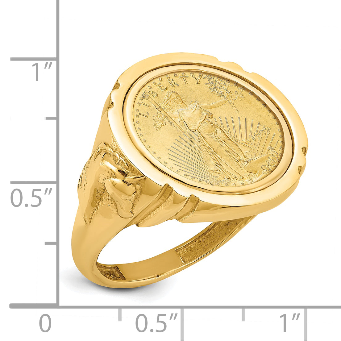 14K Yellow Gold Wideband Distinguished Coin Jewelry Men'S Polished With Horse Sides Mounted 1/10Oz American Eagle Bezel Ring